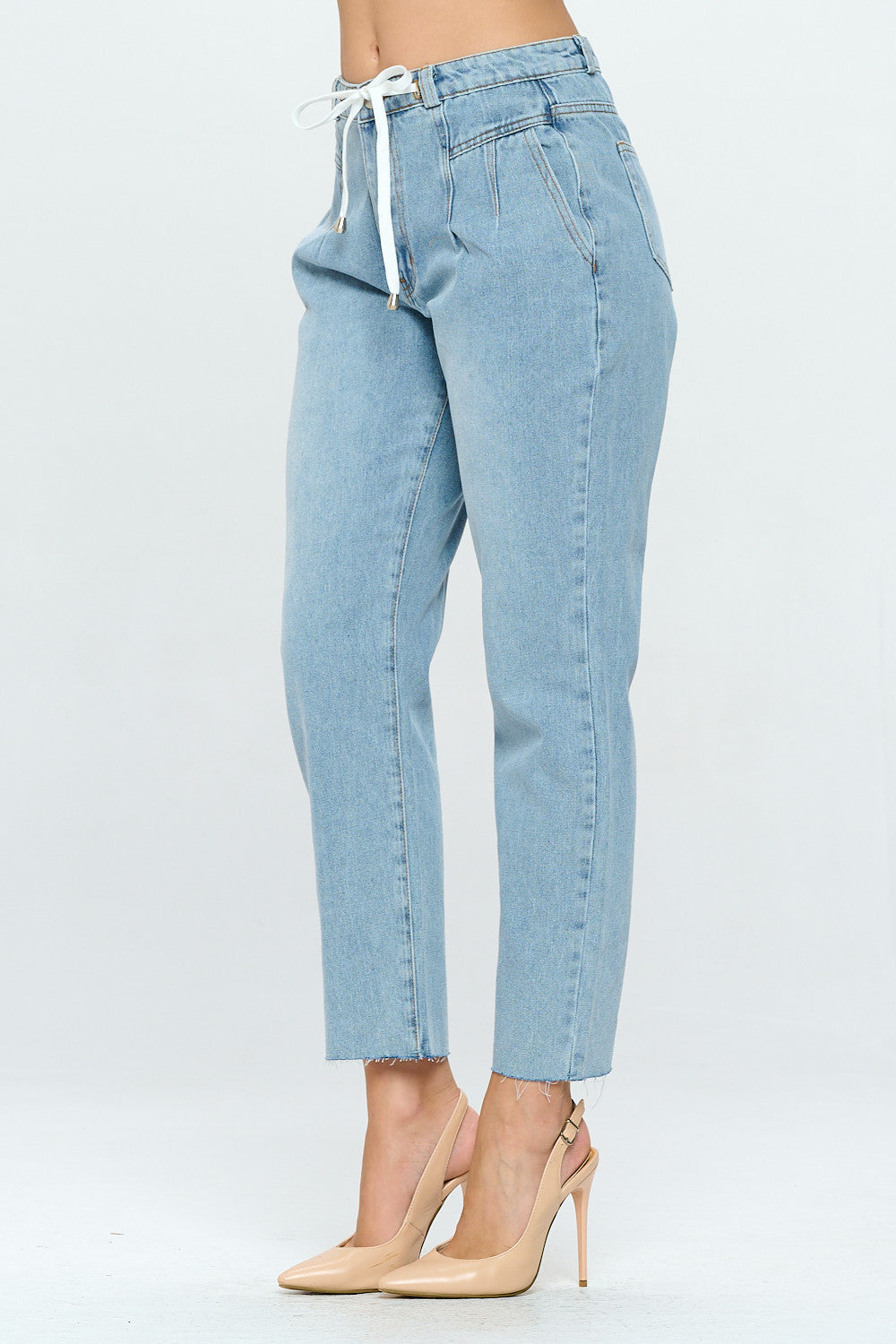 Pleated Raw Hem High Rise Mom Jean Drawstring Light DH2110