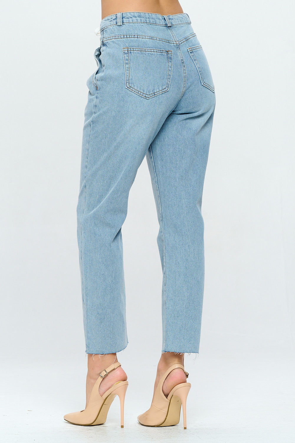 Pleated Raw Hem High Rise Mom Jean Drawstring Light DH2110