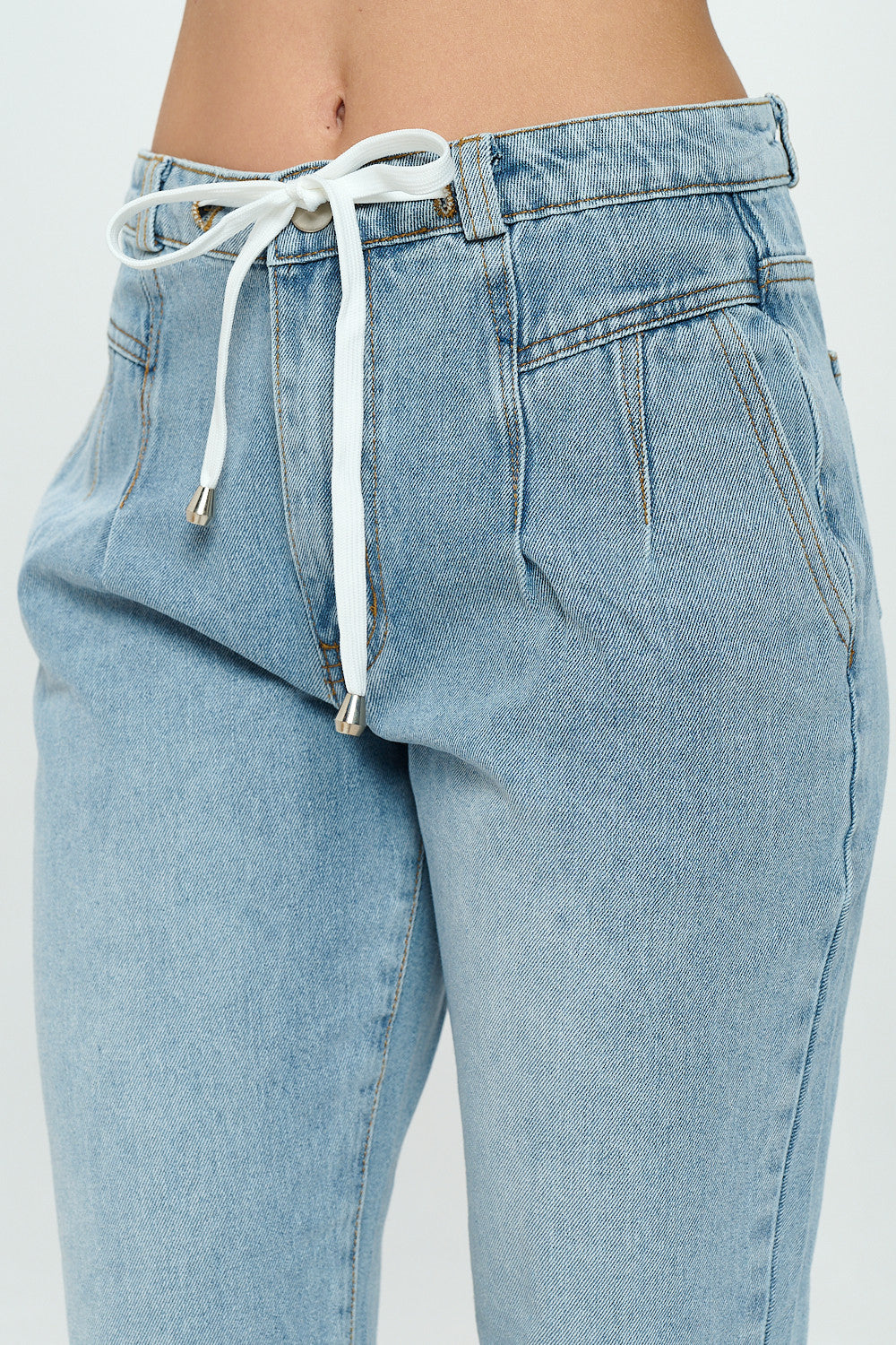 Pleated Raw Hem High Rise Mom Jean Drawstring Light DH2110