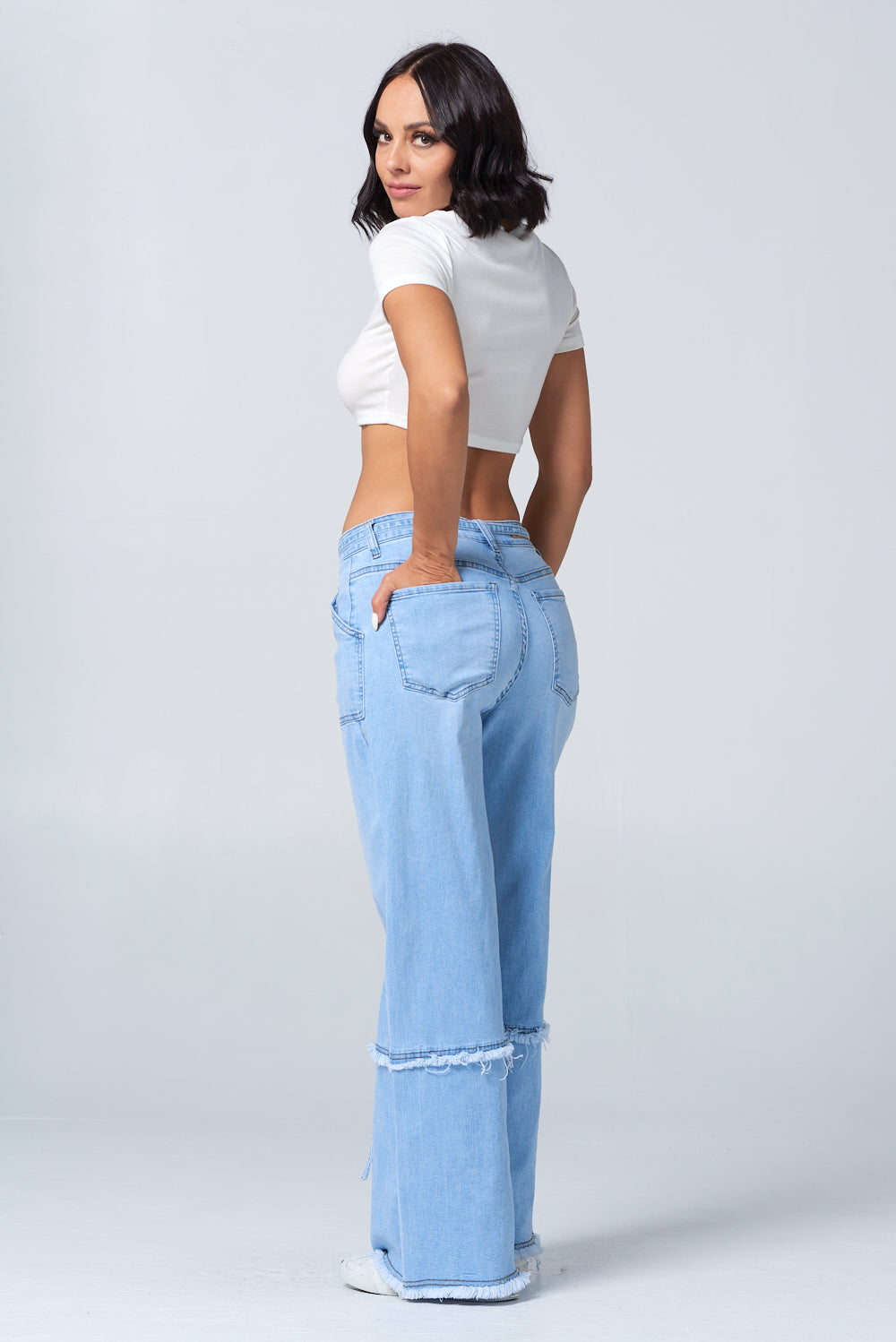 Fringed Stretch Wide Leg Utility Jeans with Detachable D Ring Belt DH2230