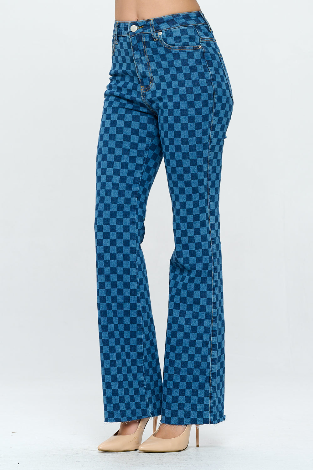 Extreme Stretch Checkered High Waist Flare Jeans YH2209