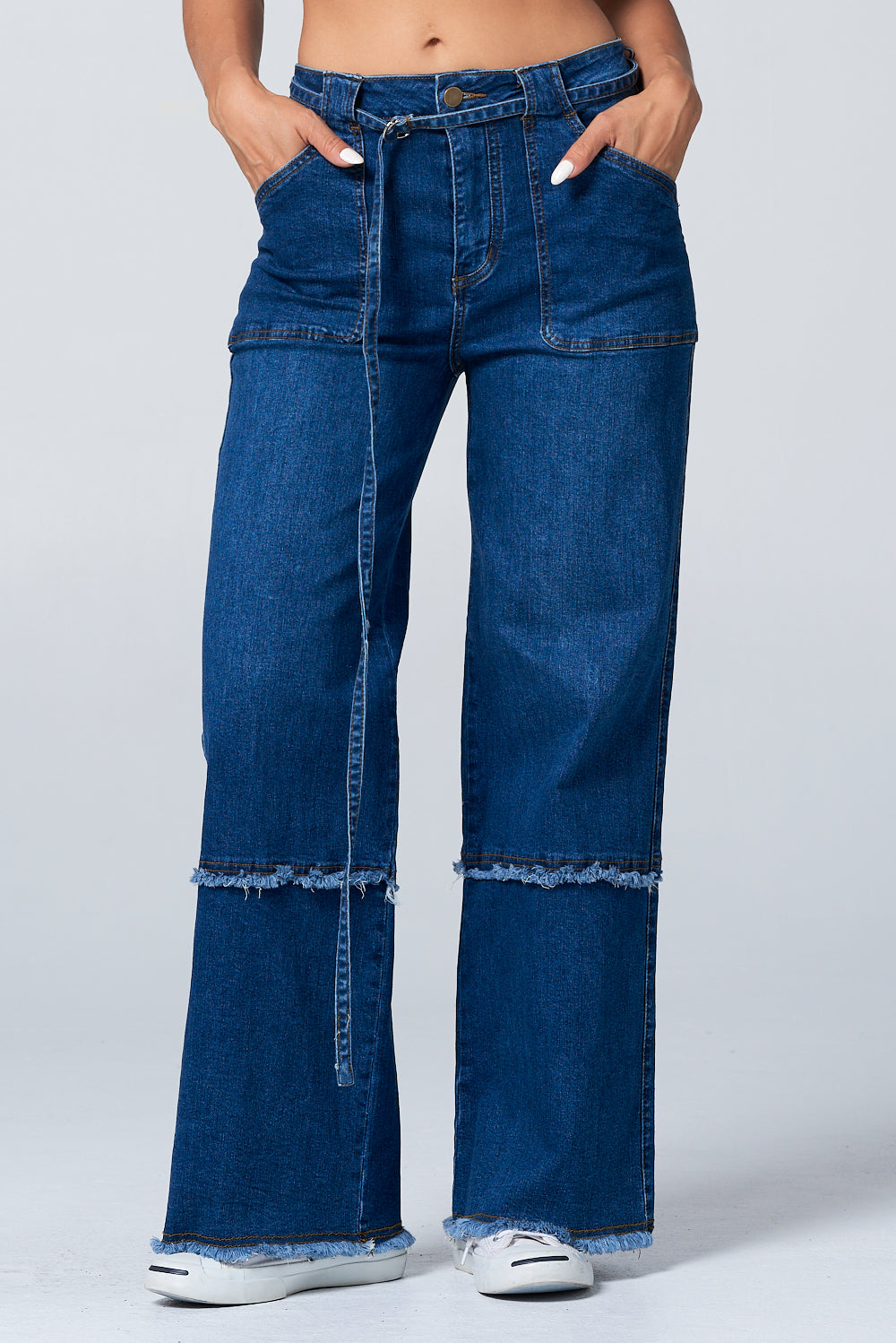 Fringed Stretch Wide Leg Utility Jeans with Detachable D Ring Belt DH2230