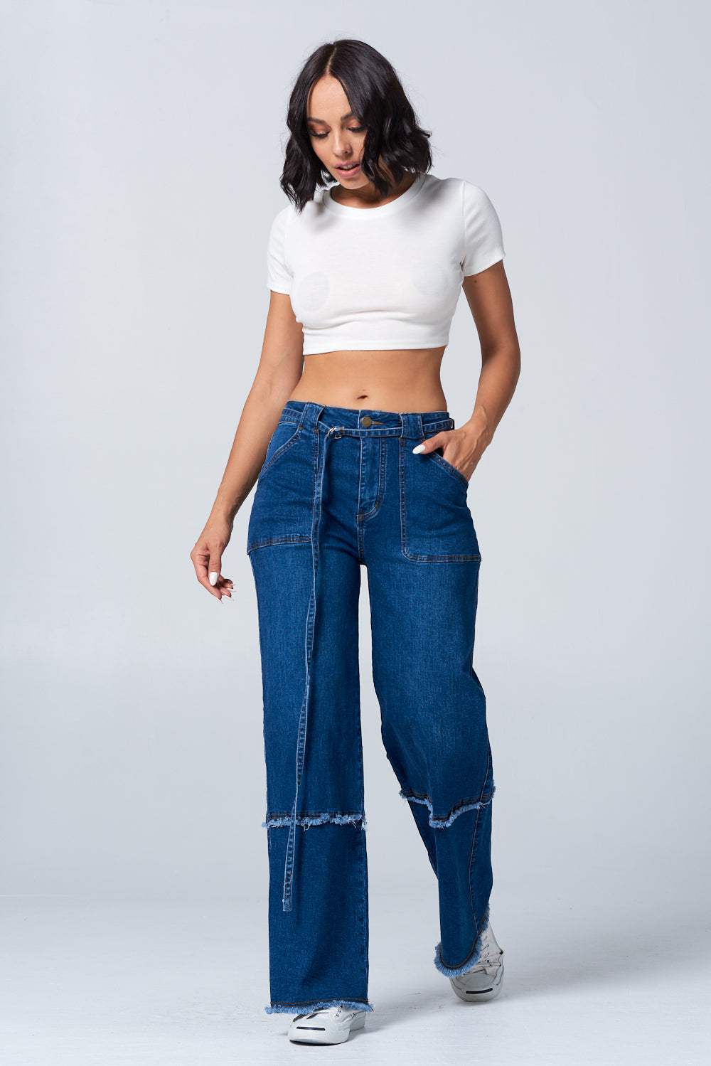 Fringed Stretch Wide Leg Utility Jeans with Detachable D Ring Belt DH2230