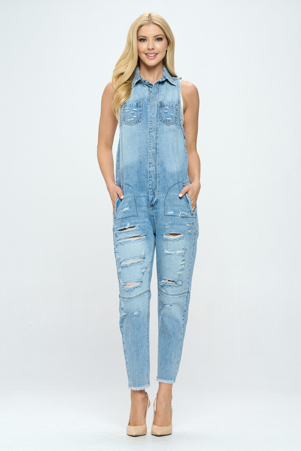 Distressed Denim Jumpsuit with Front Pockets JS2202