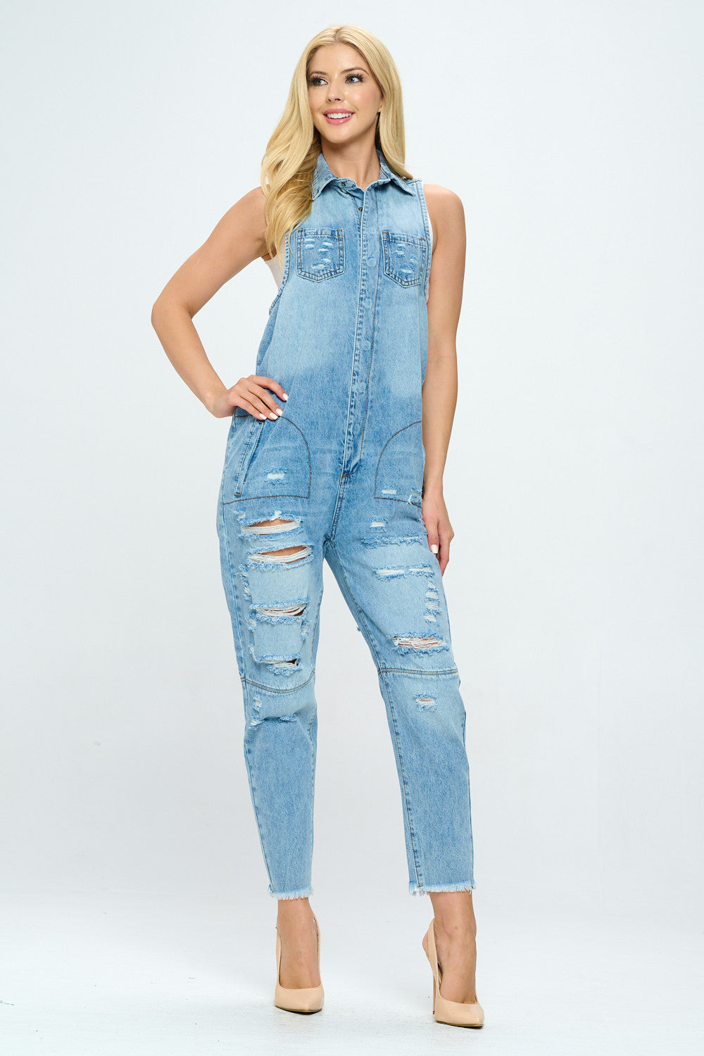 Distressed Denim Jumpsuit with Front Pockets JS2202