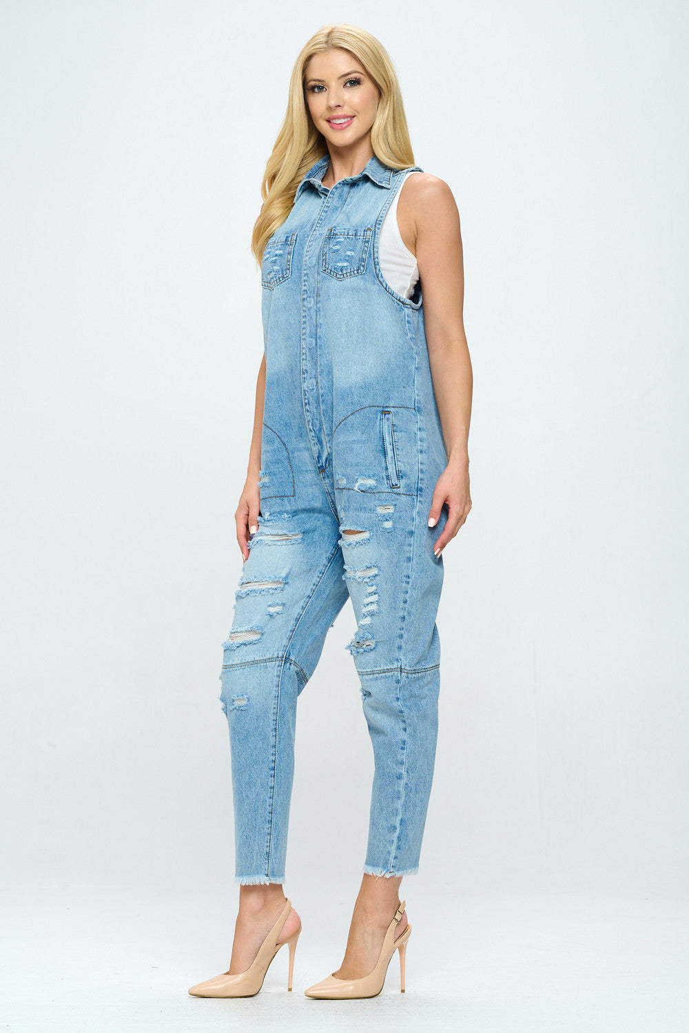 Distressed Denim Jumpsuit with Front Pockets JS2202