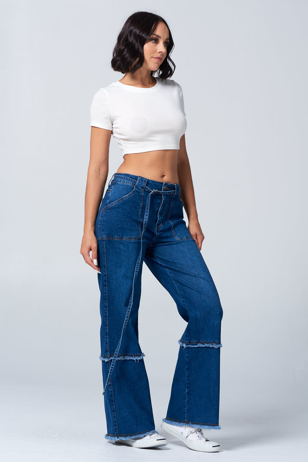 Fringed Stretch Wide Leg Utility Jeans with Detachable D Ring Belt DH2230