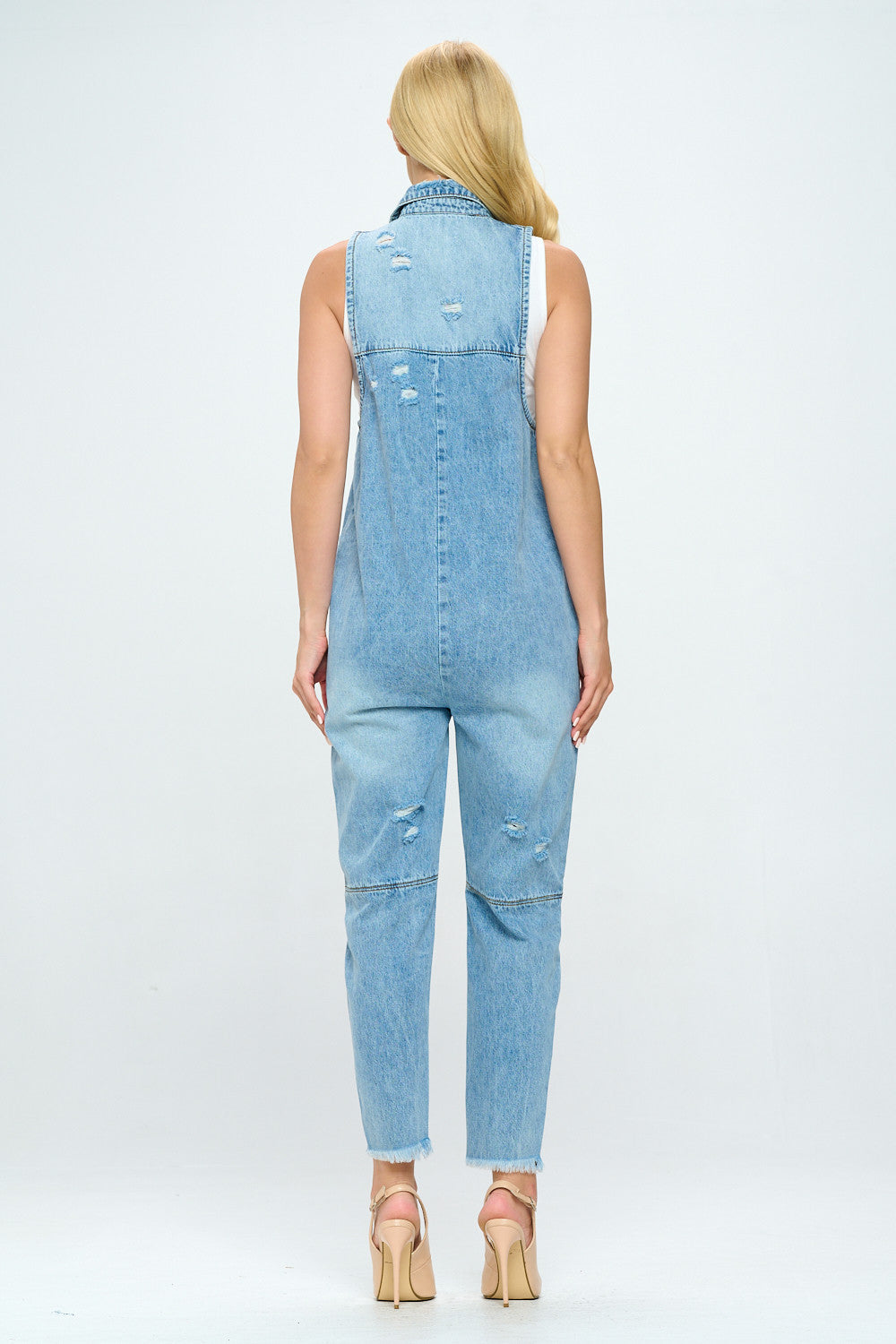 Distressed Denim Jumpsuit with Front Pockets JS2202