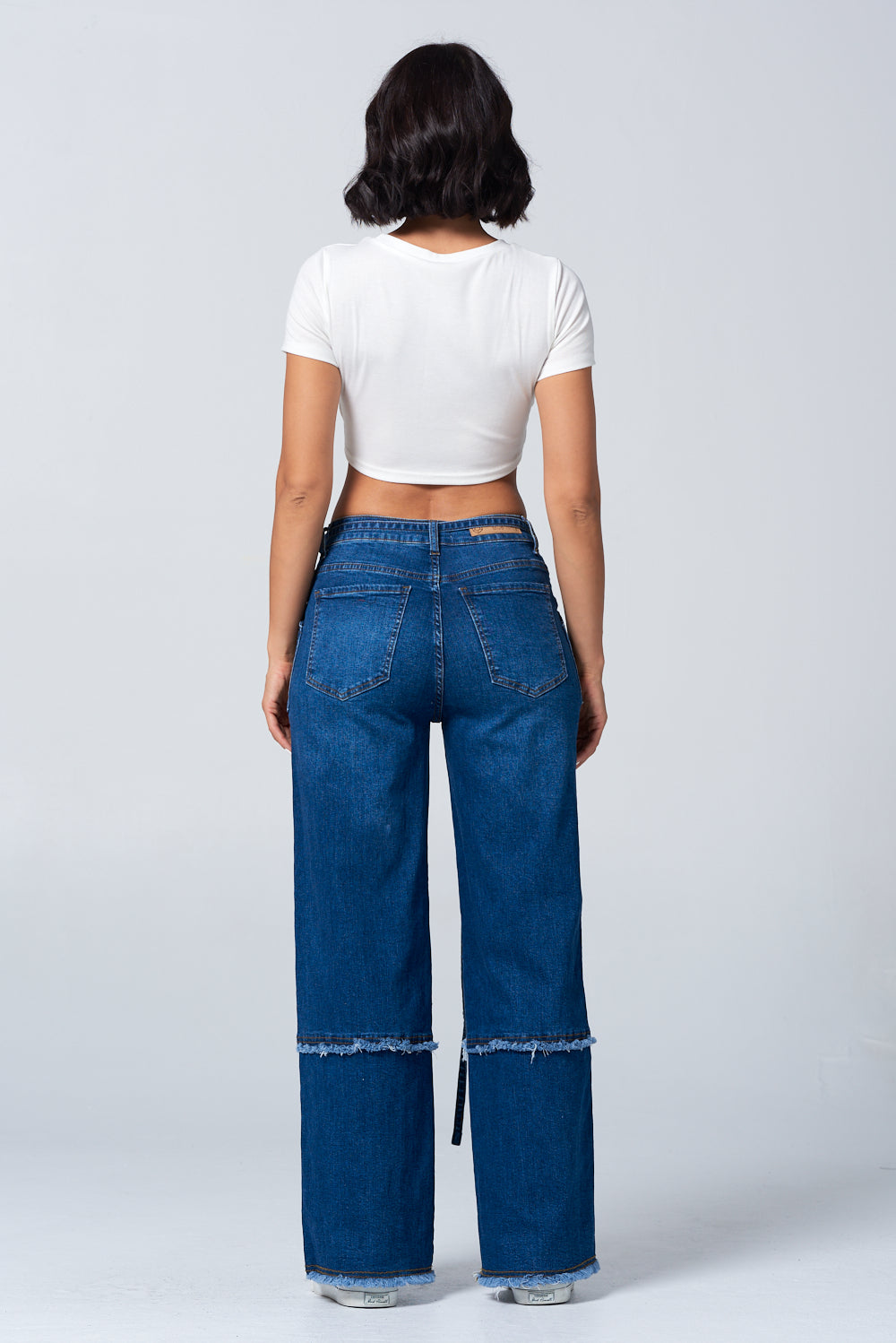 Fringed Stretch Wide Leg Utility Jeans with Detachable D Ring Belt DH2230