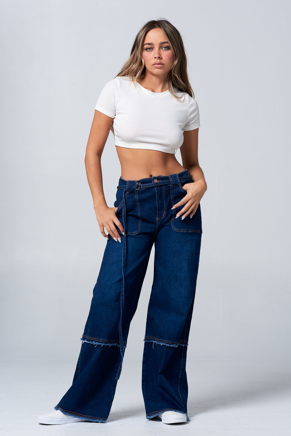 Fringed Stretch Wide Leg Utility Jeans with Detachable D Ring Belt Dark DH2230