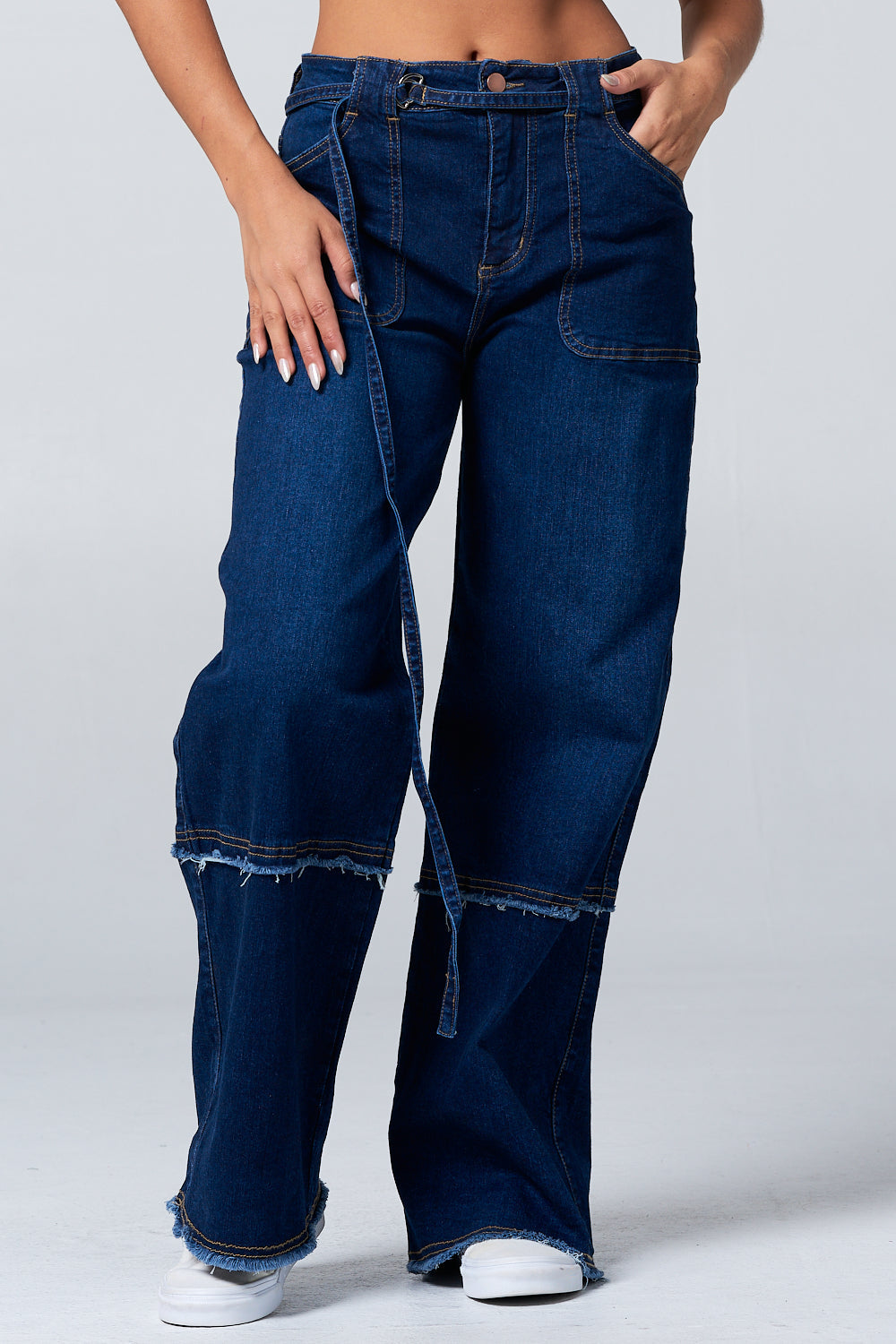 Fringed Stretch Wide Leg Utility Jeans with Detachable D Ring Belt Dark DH2230