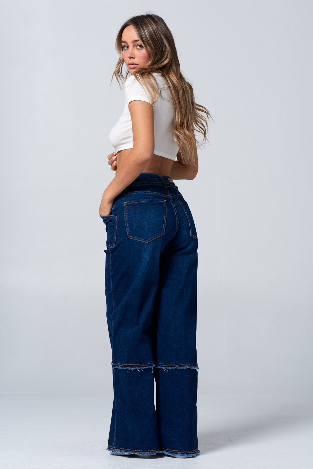 Fringed Stretch Wide Leg Utility Jeans with Detachable D Ring Belt Dark DH2230