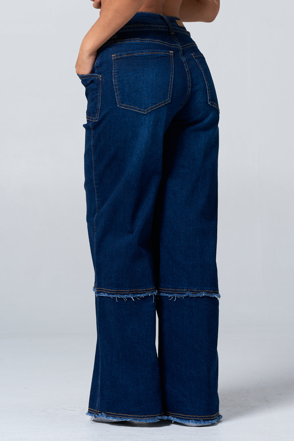 Fringed Stretch Wide Leg Utility Jeans with Detachable D Ring Belt DH2230