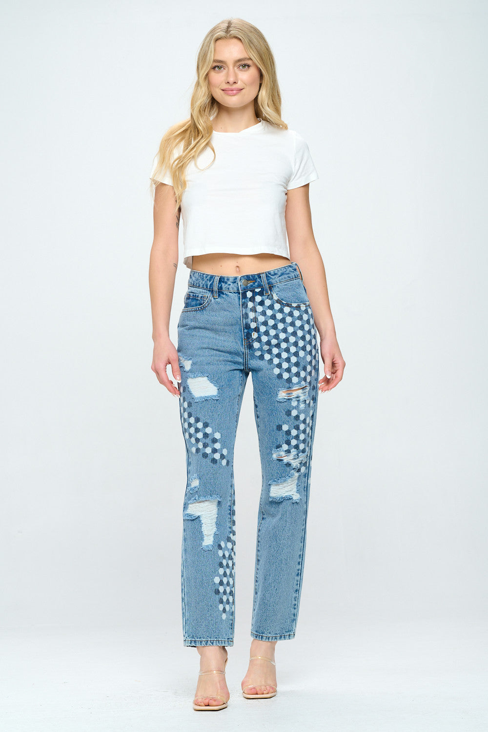 High Rise Straight Mom Jean Honeycomb Digital Print YH2203