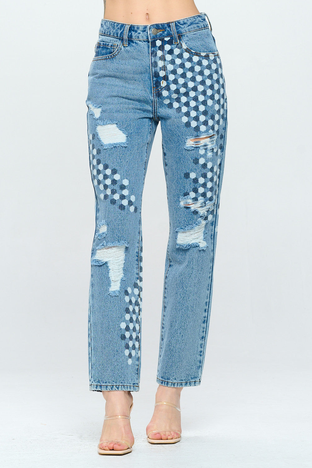 High Rise Straight Mom Jean Honeycomb Digital Print YH2203