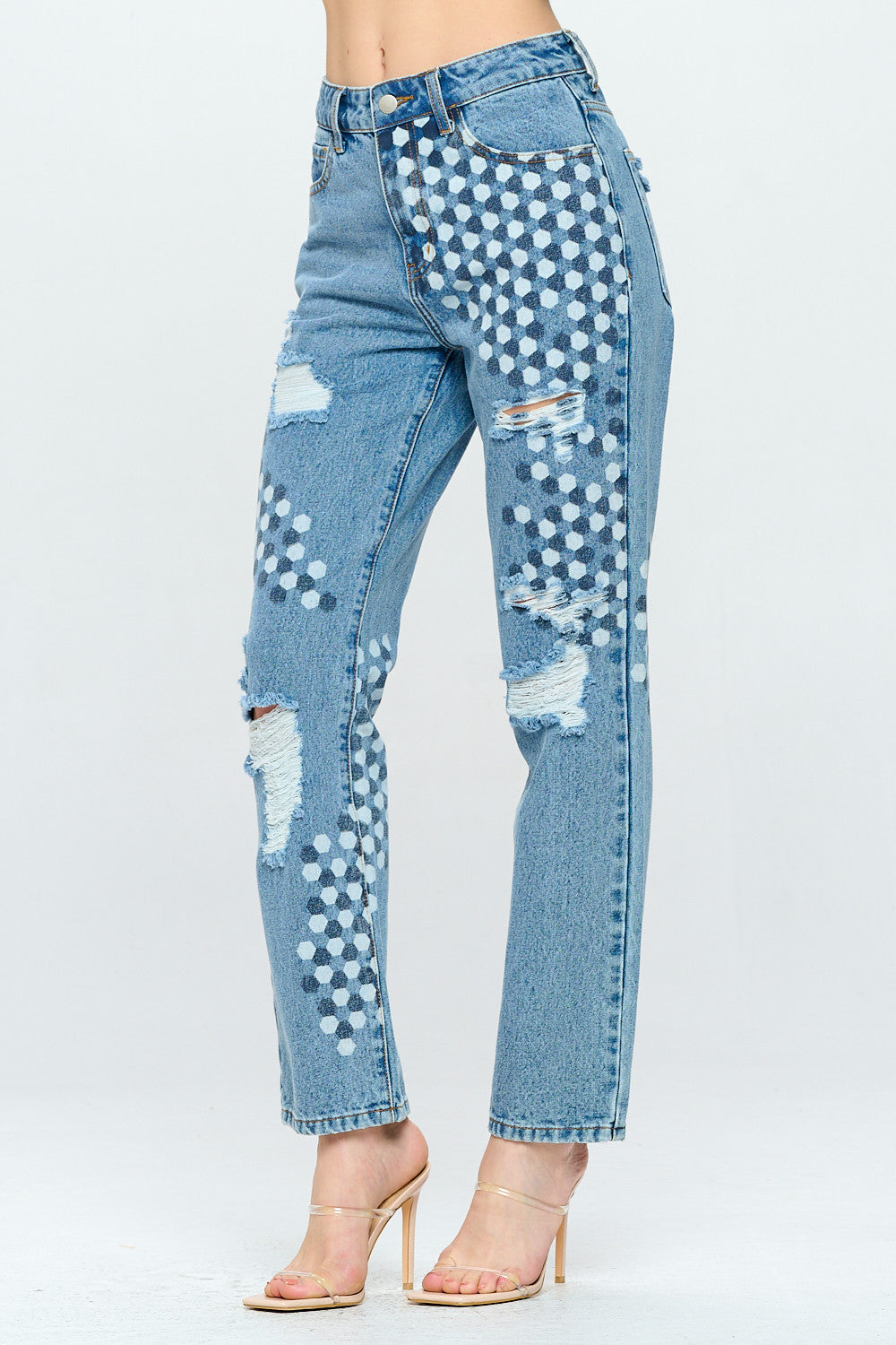 High Rise Straight Mom Jean Honeycomb Digital Print YH2203