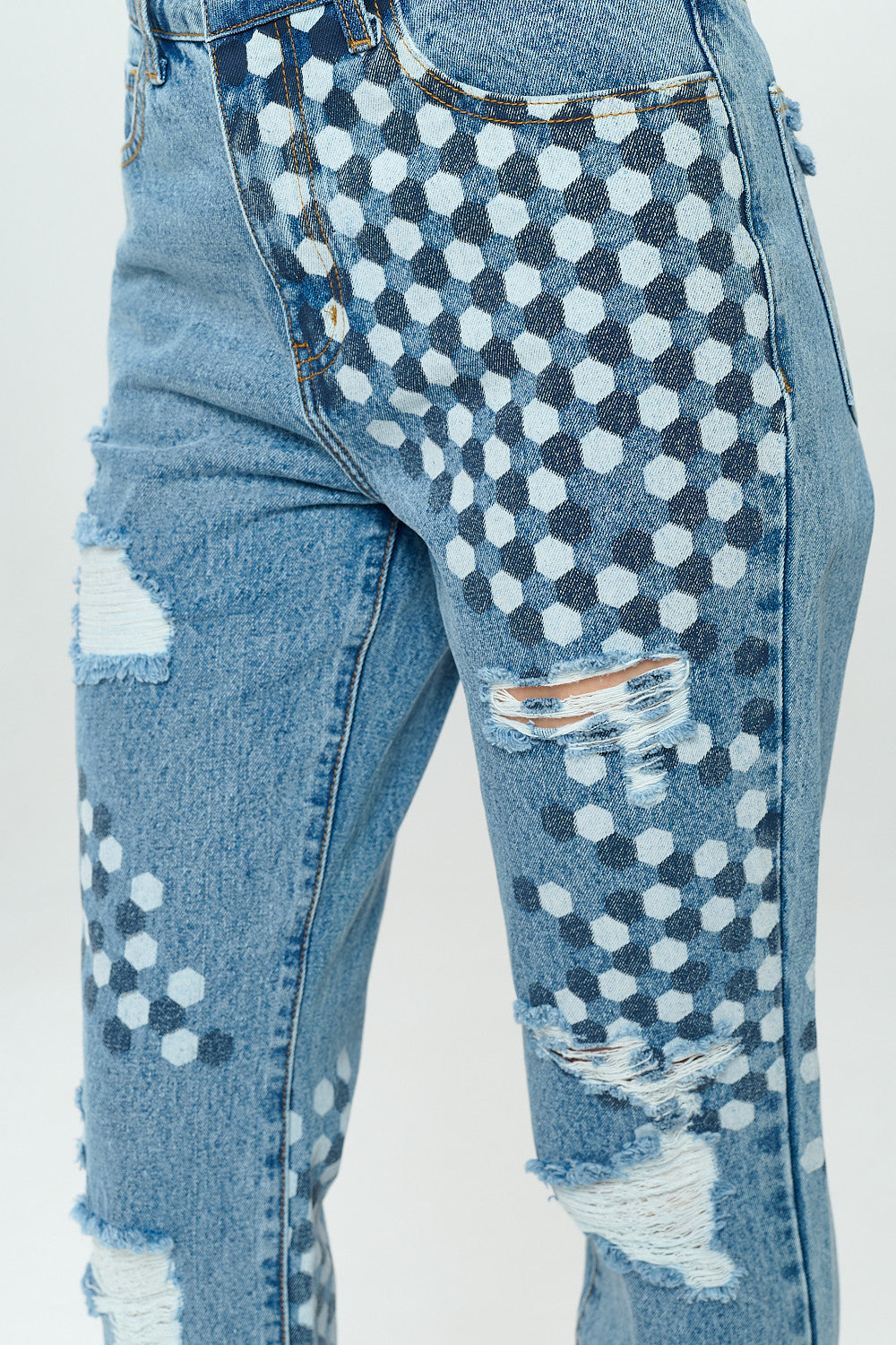High Rise Straight Mom Jean Honeycomb Digital Print YH2203