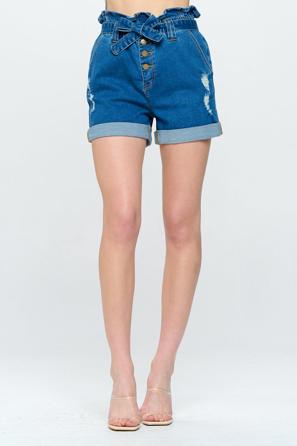 XS2110 High Waist Belted Paperbag Ruffled Super Stretch Short Light