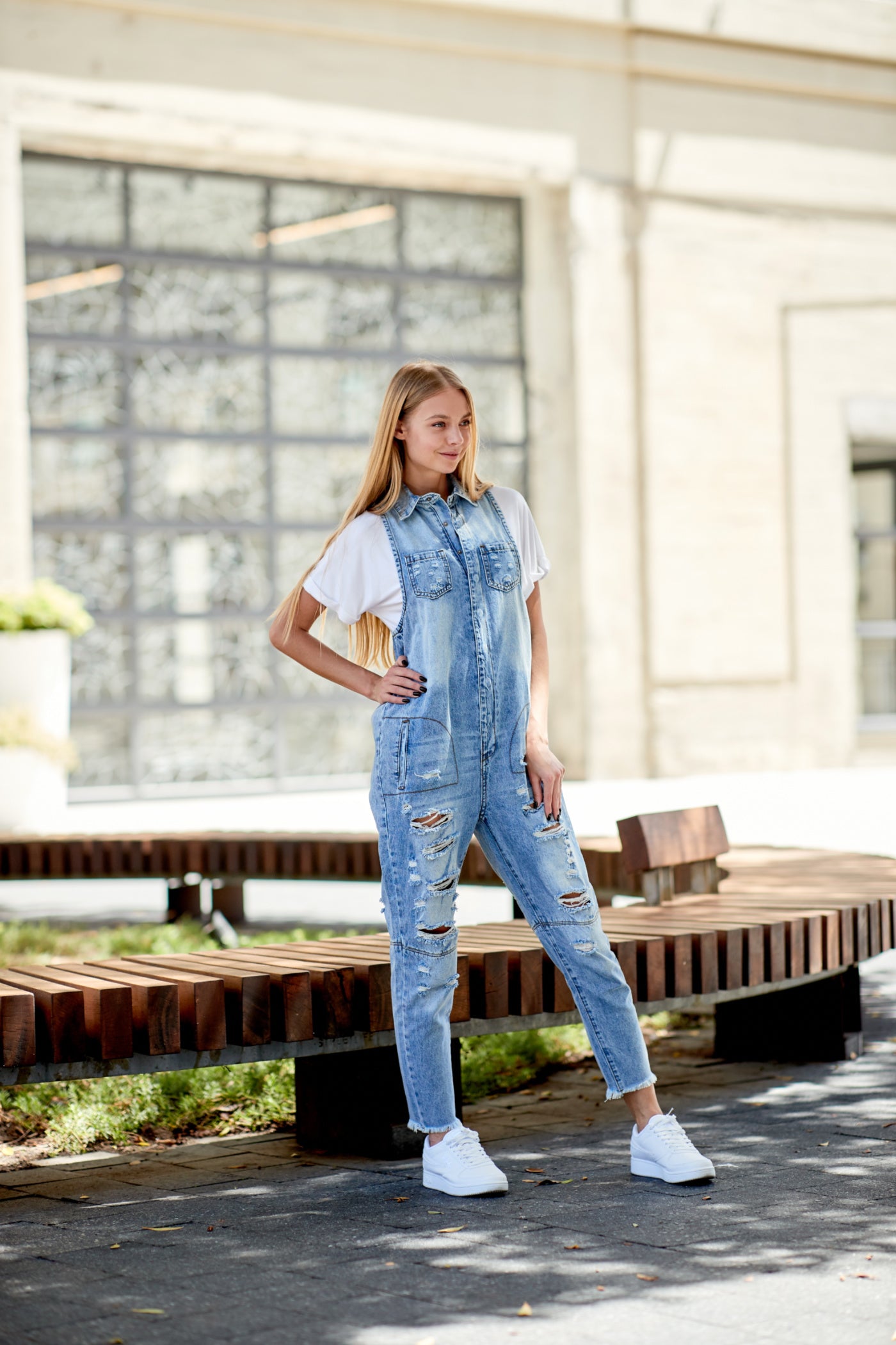 Distressed Denim Jumpsuit with Front Pockets JS2202