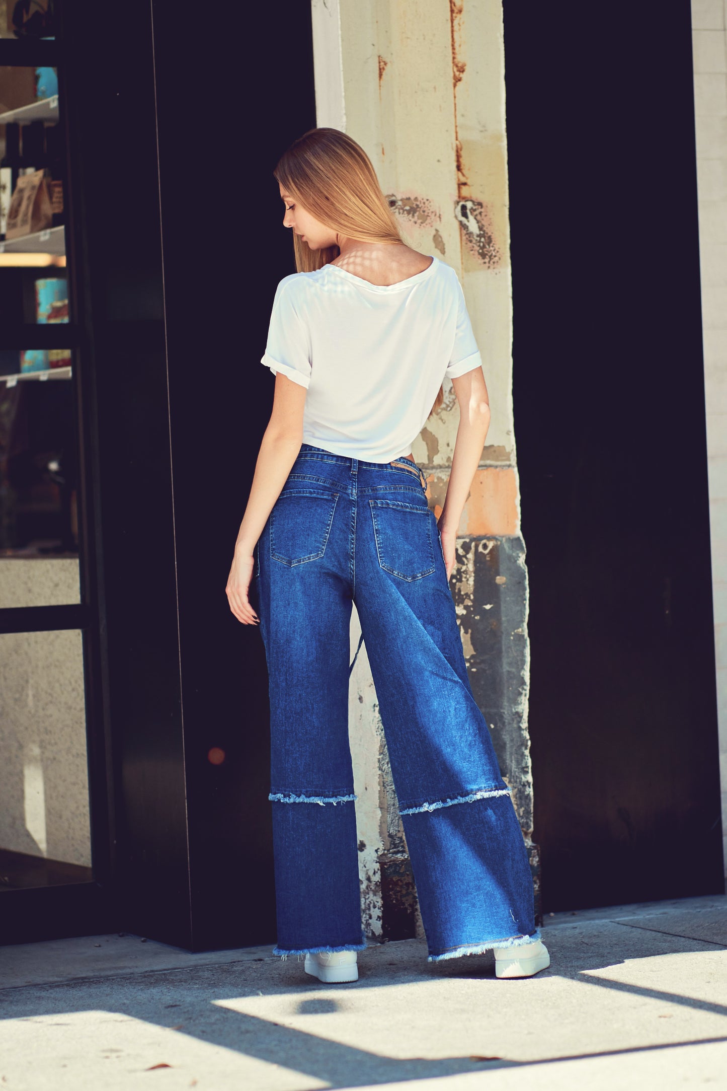 Fringed Stretch Wide Leg Utility Jeans with Detachable D Ring Belt DH2230