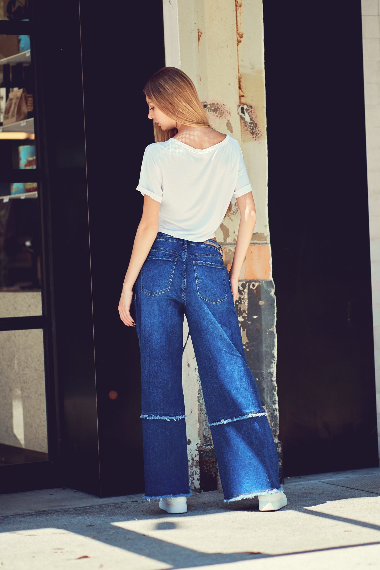 Fringed Stretch Wide Leg Utility Jeans with Detachable D Ring Belt Dark DH2230