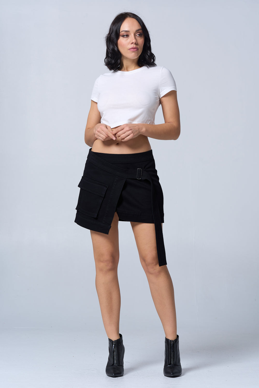 Crisscross Asymmetrical Belted Skirt Stretch Black DS2014