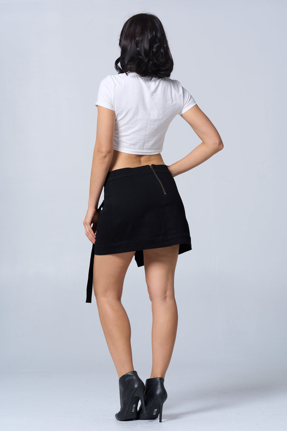 Crisscross Asymmetrical Belted Skirt Stretch Black DS2014
