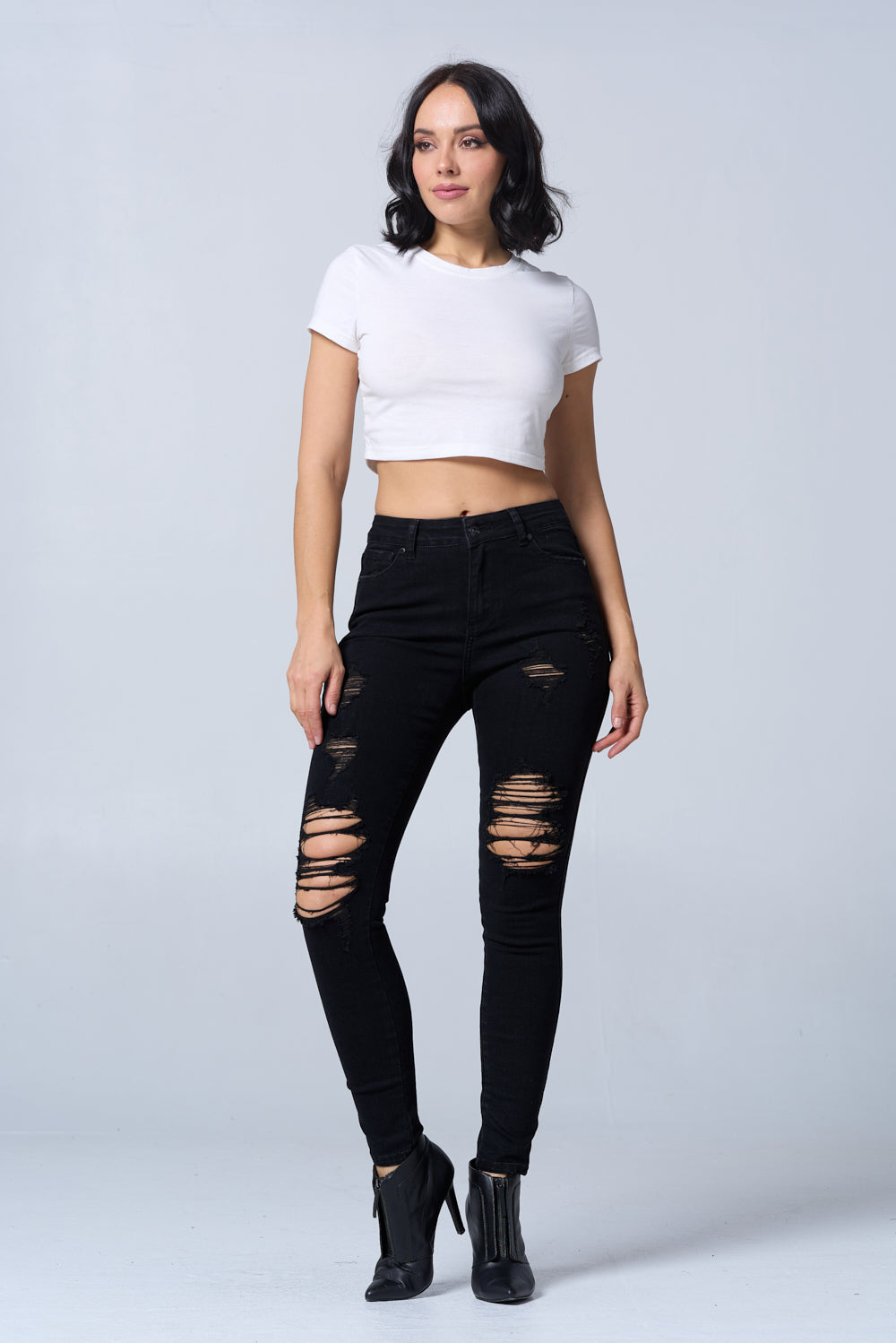 Distressed High Waisted Skinny Jeans Extreme Stretch Black RH2212