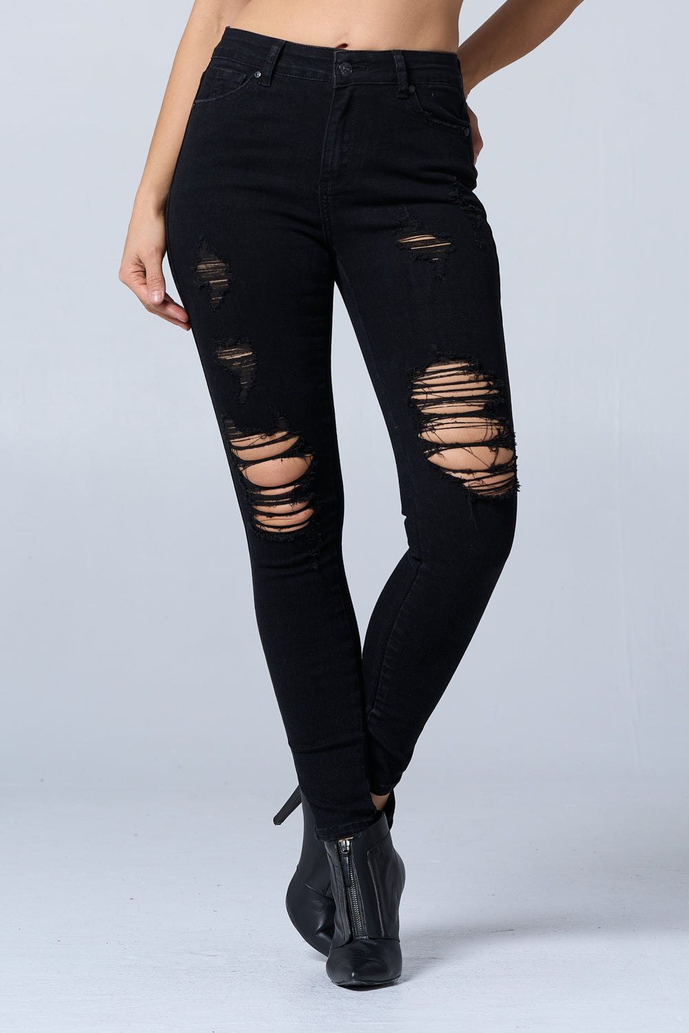 Distressed High Waisted Skinny Jeans Extreme Stretch Black RH2212
