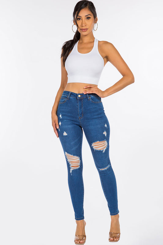 NEW Distressed High Waist Skinny Jean Medium Blue YH2211