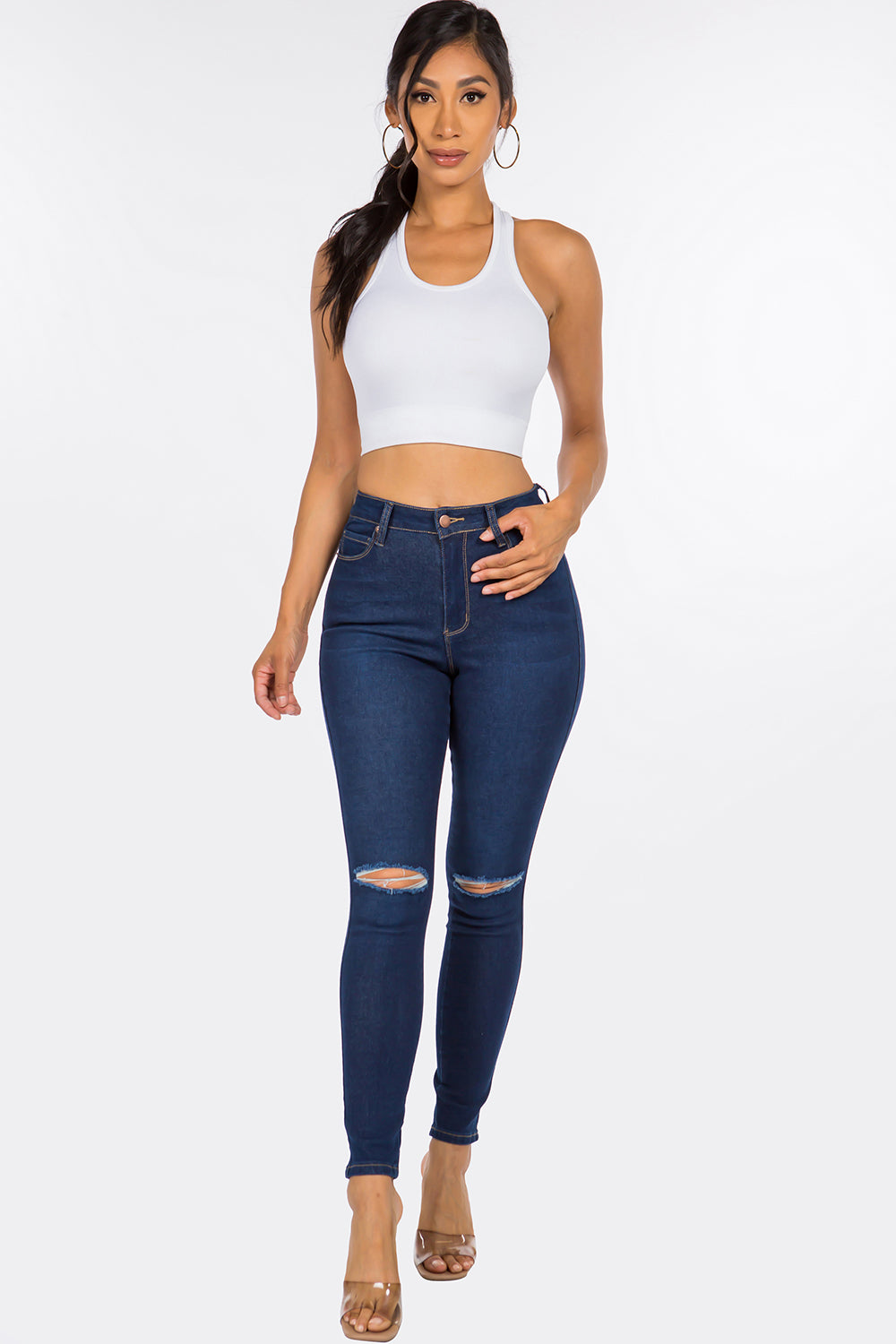 NEW Gianna Slit Knee High Rise Skinny Jeans Dark Blue WH3707