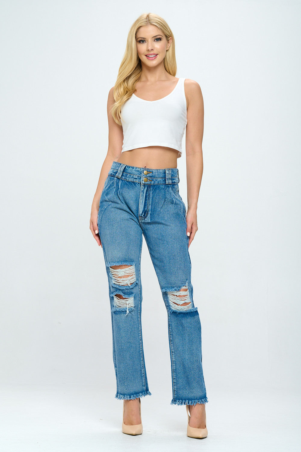 Fringed 90's High Rise Mom Jean With Double Waistband Light DH2107