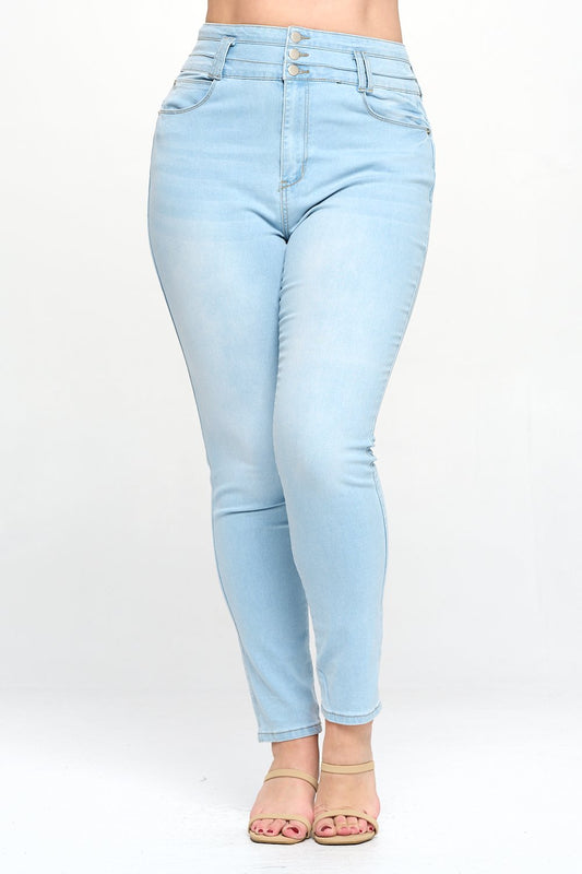 Stacked Waist Slimming High Waist Skinny Jeans Light Blue Plus Size