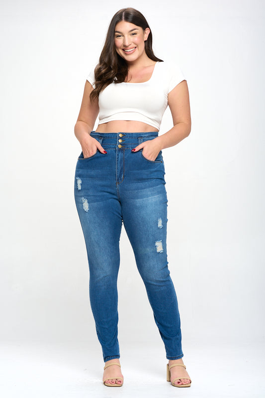 Stacked Waist Slimming High Waist Skinny Jeans Medium Blue Plus Size