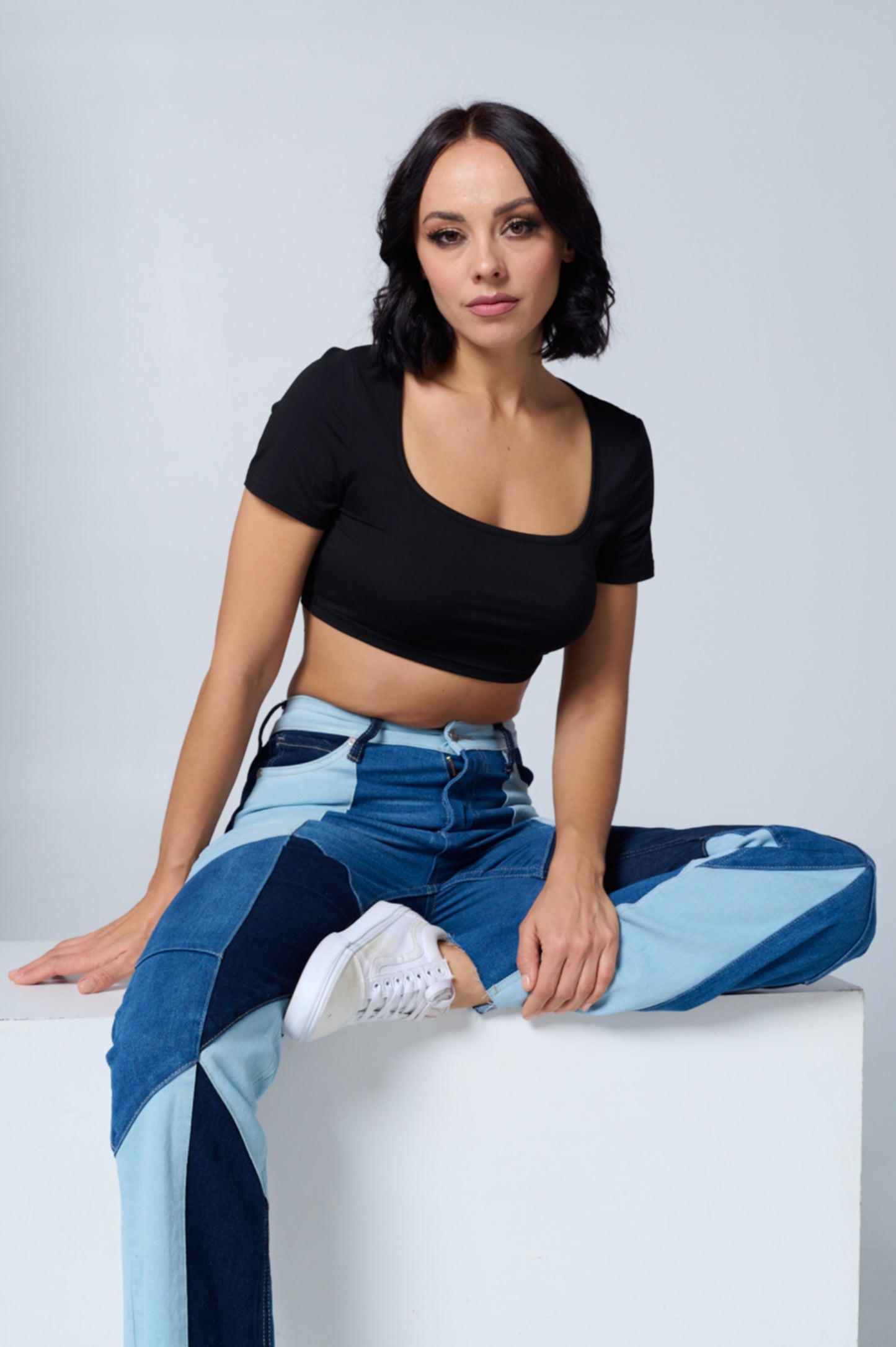 High Waist Color Block Bootcut Flare Jeans YH2205