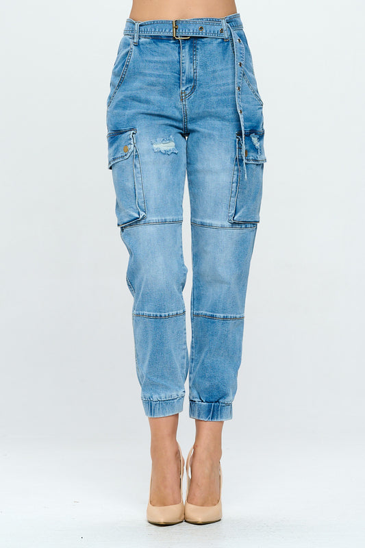 High Waisted Belted Cargo Jogger Jean Med DH2211