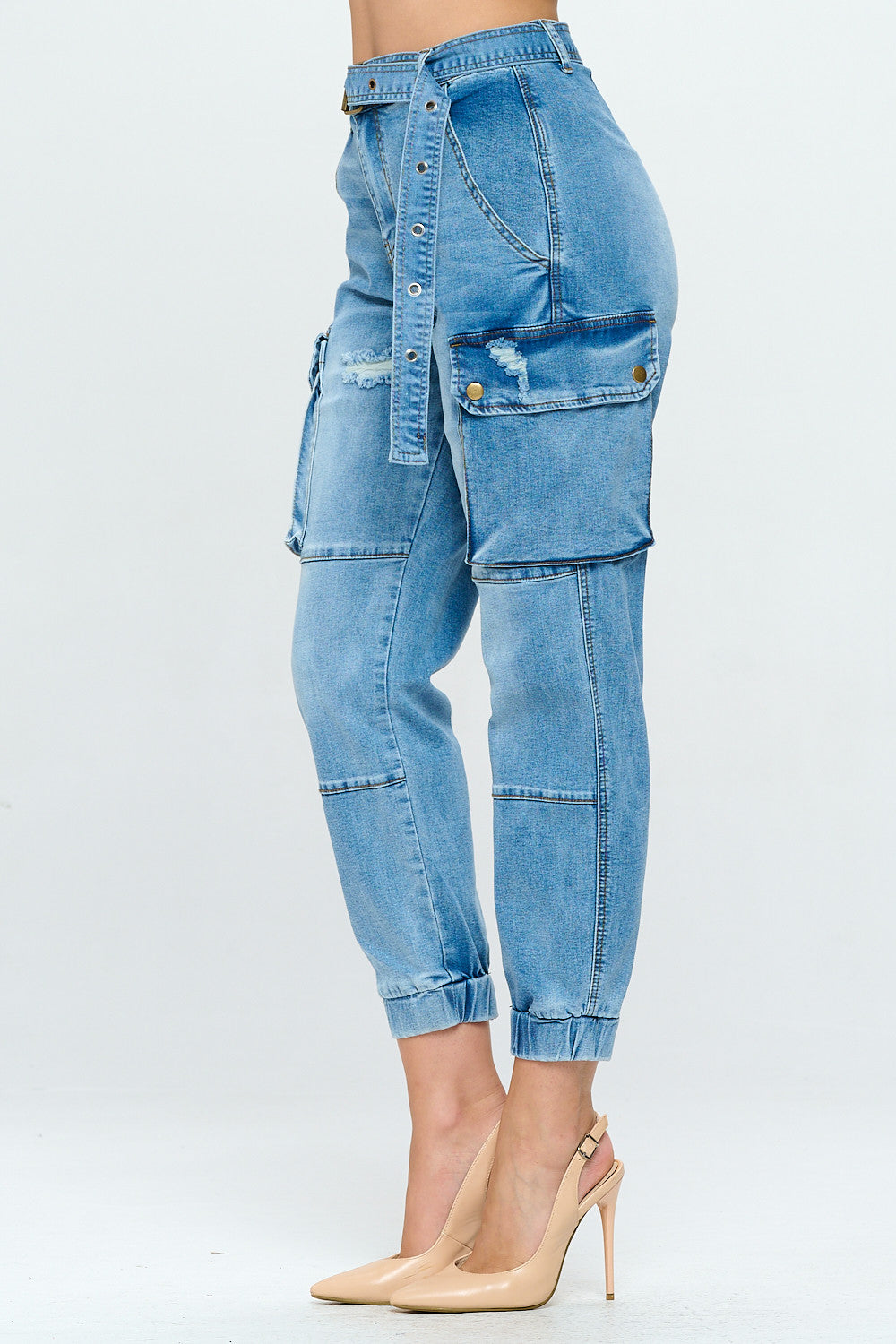 High Waisted Belted Cargo Jogger Jean Med DH2211