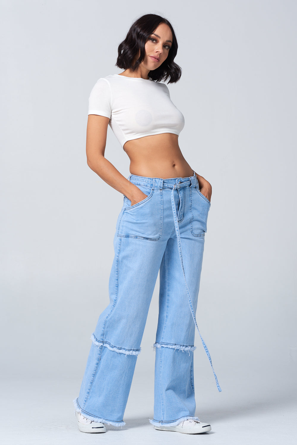 Fringed Stretch Wide Leg Utility Jeans with Detachable D Ring Belt DH2230