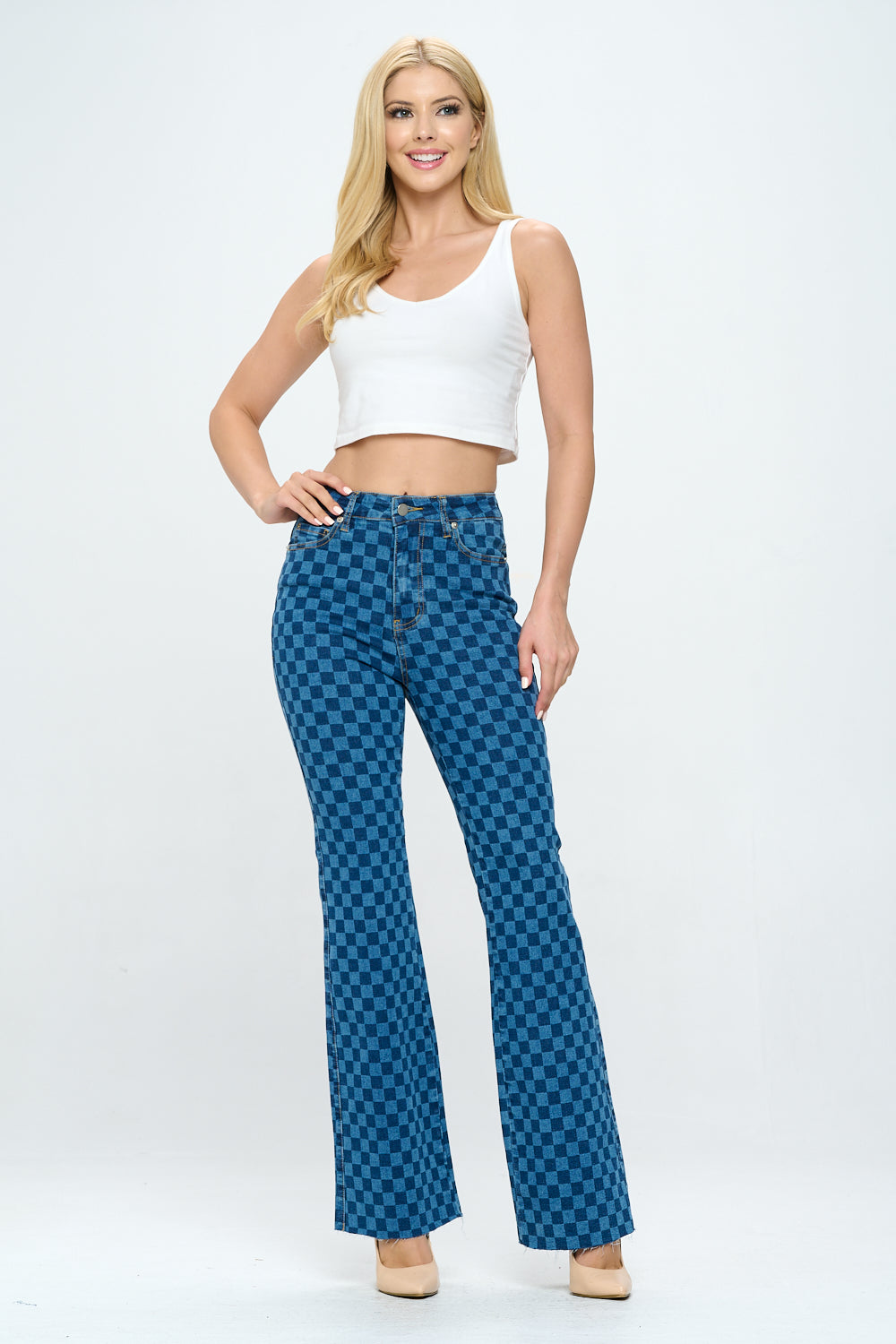 Extreme Stretch Checkered High Waist Flare Jeans YH2209
