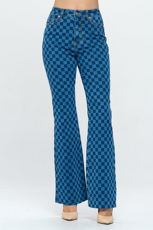 Extreme Stretch Checkered High Waist Flare Jeans YH2209