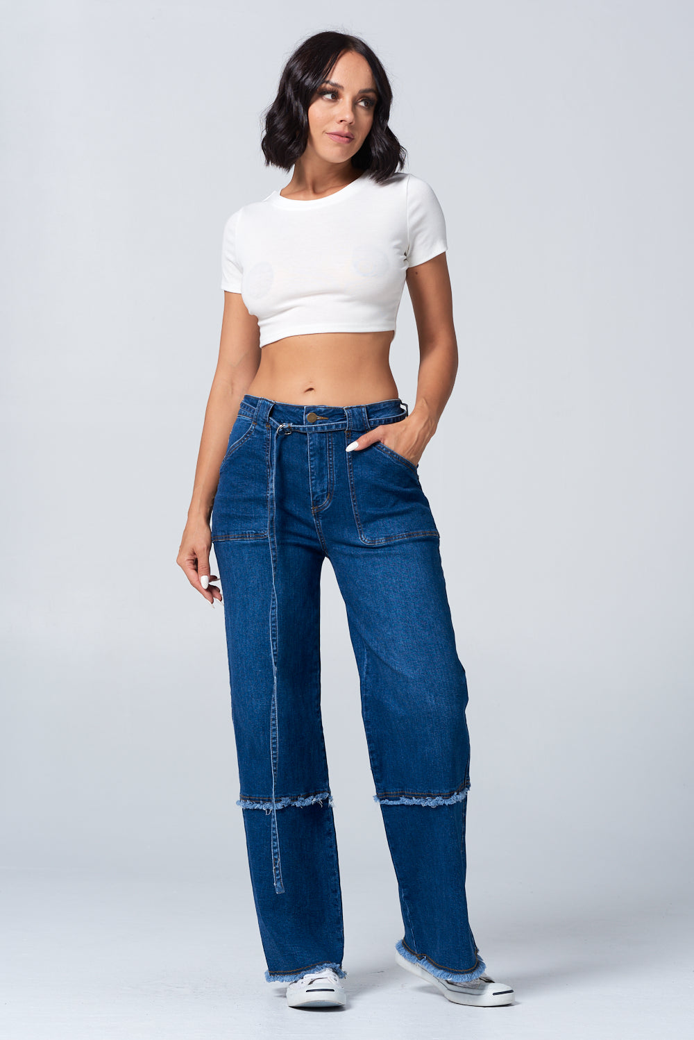 Fringed Stretch Wide Leg Utility Jeans with Detachable D Ring Belt Light DH2230