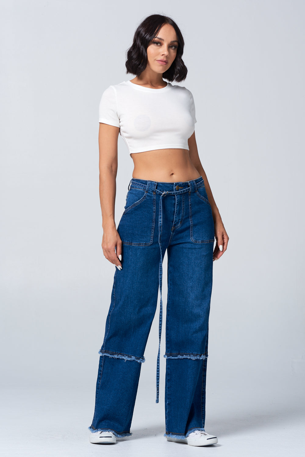 Fringed Stretch Wide Leg Utility Jeans with Detachable D Ring Belt Light DH2230