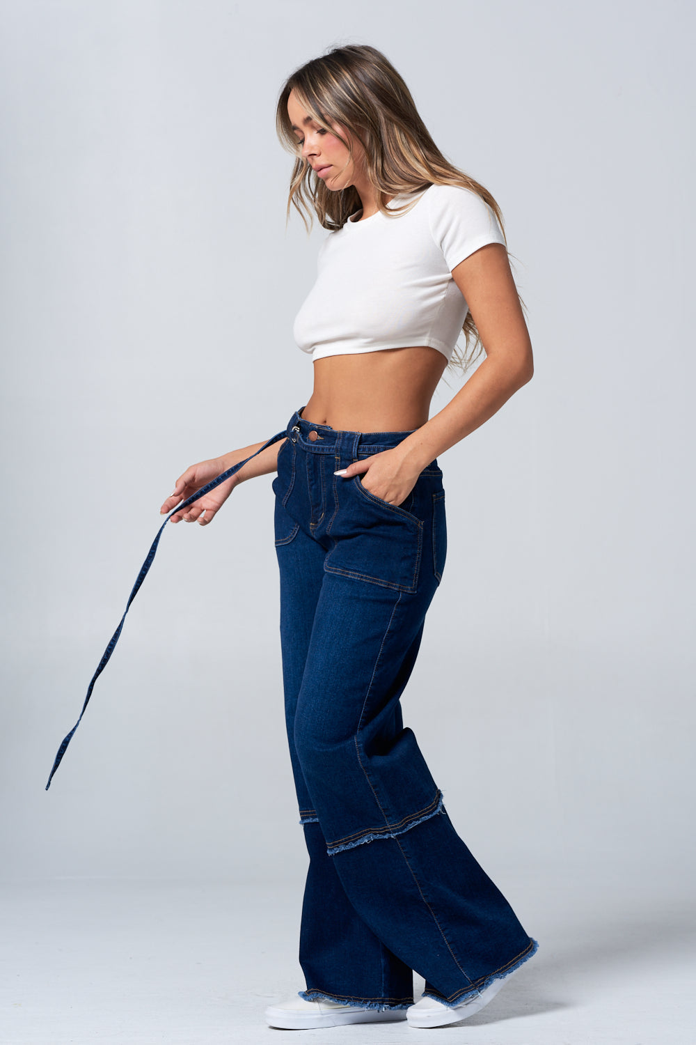 Fringed Stretch Wide Leg Utility Jeans with Detachable D Ring Belt Dark DH2230
